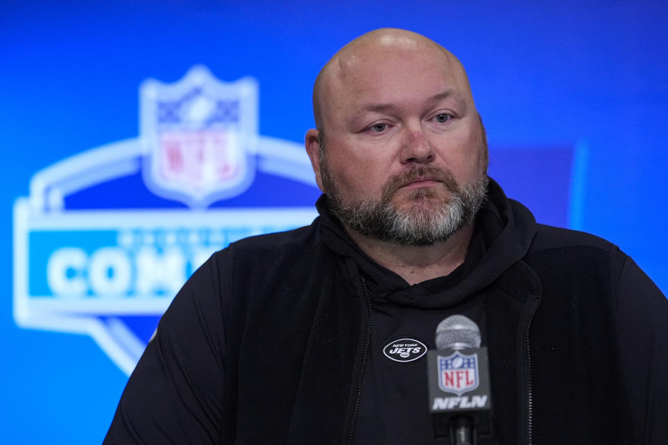New York Jets general manager Joe Douglas speaks during a press conference at the NFL football scouting combine in Indianapolis, Wednesday, Feb. 28, 2024. (AP Photo/Michael Conroy)