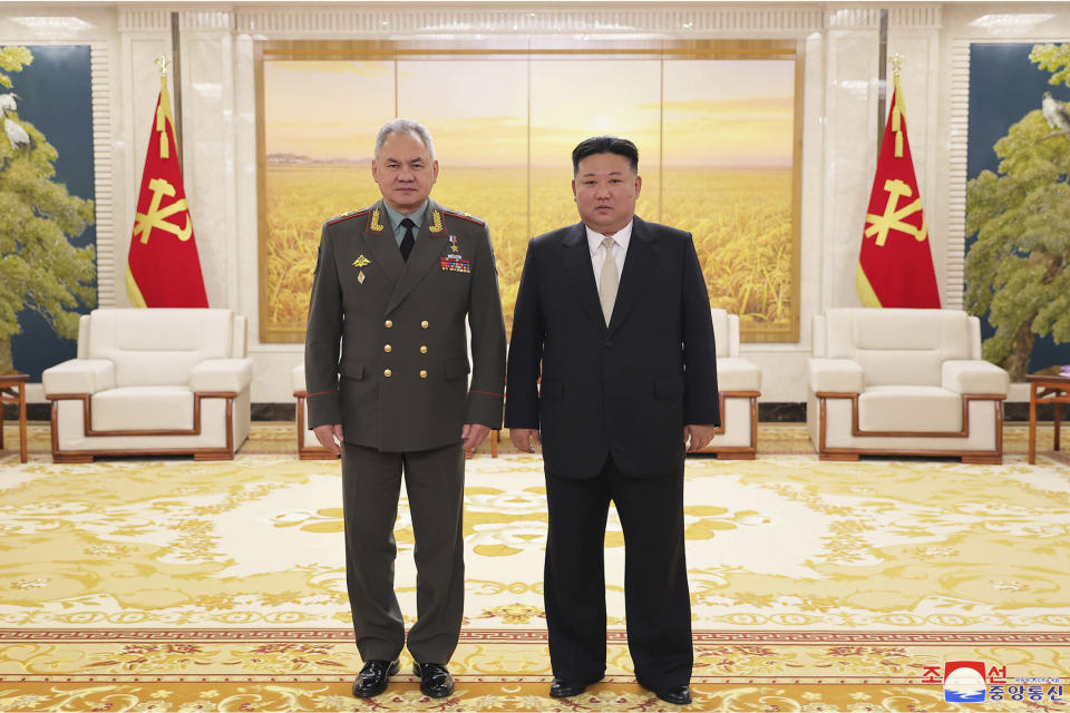 In this photo provided by the North Korean government, North Korean leader Kim Jong Un, right, and Russian Defense Minister Sergei Shoigu, left, pose for a photo, at the ruling Workers’ Party’s headquarters in Pyongyang, North Korea Thursday, July 27, 2023. Independent journalists were not given access to cover the event depicted in this image distributed by the North Korean government. The content of this image is as provided and cannot be independently verified. Korean language watermark on image as provided by source reads: "KCNA" which is the abbreviation for Korean Central News Agency. (Korean Central News Agency/Korea News Service via AP)