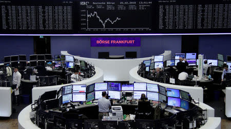 The German share price index, DAX board, is seen at the stock exchange in Frankfurt, Germany, February 20, 2018. REUTERS/Staff/Remote