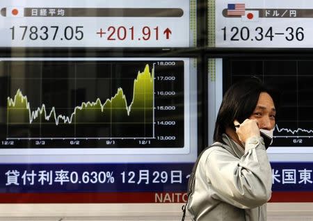 A man using his mobile phone walks past electronic boards showing the graph of the recent fluctuations of the Japan's Nikkei average (L) and the Japanese yen's exchange rate against the U.S. dollar (top R) outside a brokerage in Tokyo December 24, 2014. REUTERS/Yuya Shino