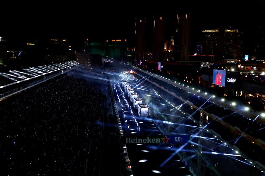 LAS VEGAS, NEVADA – NOVEMBER 15: J Balvin performs at the Opening Ceremony during previews ahead of the F1 Grand Prix of Las Vegas at Las Vegas Strip Circuit on November 15, 2023 in Las Vegas, Nevada. (Photo by Chris Graythen/Getty Images)