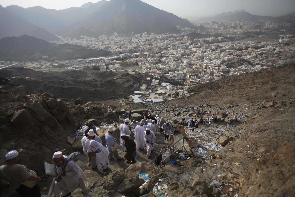 Muslim pilgrims ascend Mount Al-Noor ahead of the annual haj pilgrimage in Mecca