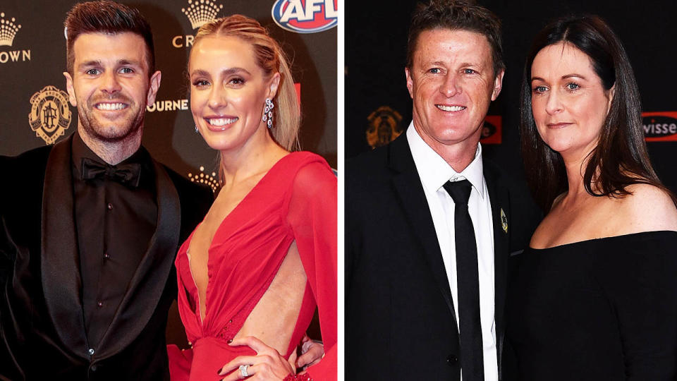 Richmond captain Trent Cotchin and his wife Brooke (pictured left) at the Brownlow Medal and newly separated Damien Hardwick and his wife Danielle (pictured right).