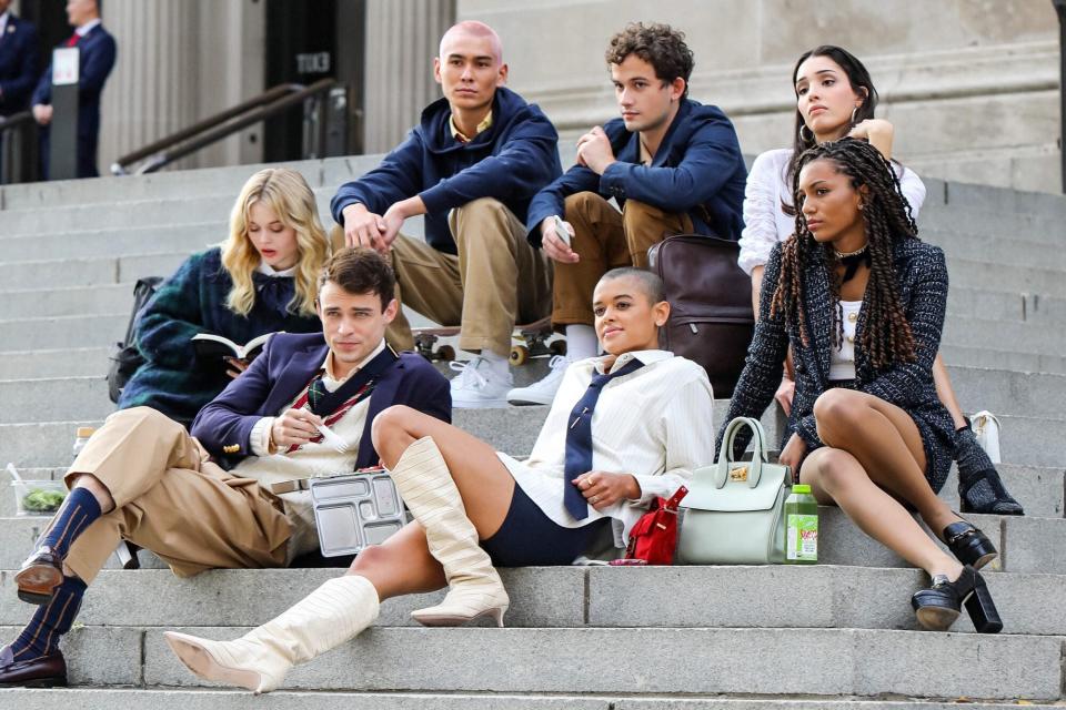 Evan Mock, Emily Alyn Lind, Thomas Doherty, Eli Brown, Jordan Alexander, Zion Moreno and Savannah Lee Smith are seen at the film set of the 'Gossip Girl' TV Series on November 10, 2020 in New York City