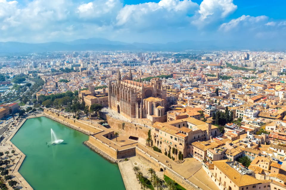 Palma de Mallorca, Spain - 30 september: aerial panoramic view historic cathedral cityscape