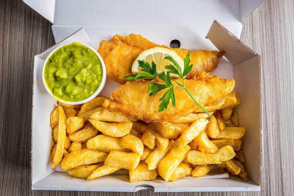 fish and chips with mushy peas