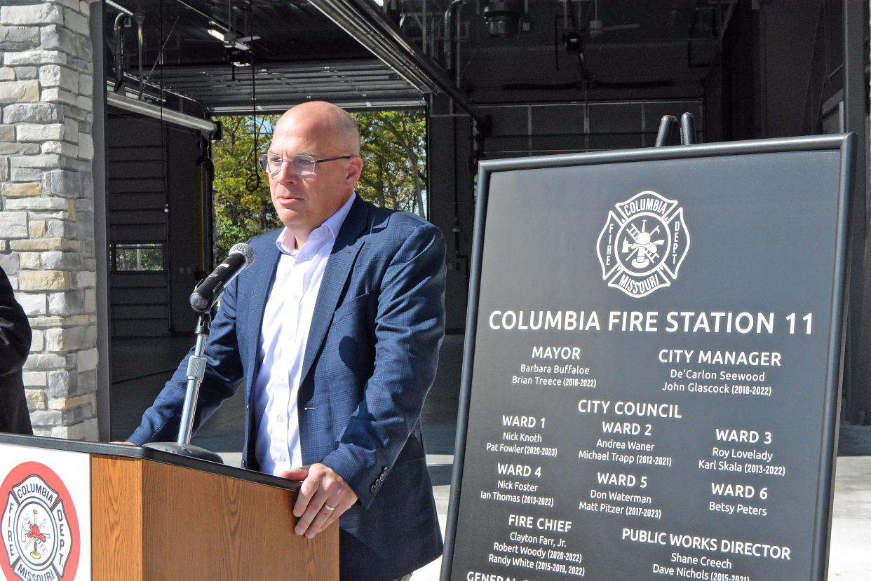 Former Fifth Ward Council Member Matt Pitzer, who had a campaign goal when originally elected in 2017 for a southwest Columbia fire station, speaks Tuesday at that station's grand opening.