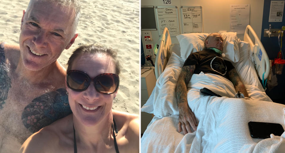 Left: Dean Amos and wife Becky at beach before the accident. Right: Dean Amos lying in a hospital bed in Perth.