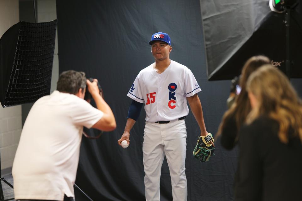 Pitcher Eduardo Salazar has his photo taken for OKC Baseball Club media day at the Chickasaw Bricktown Ballpark Wednesday, March 27, 2024.