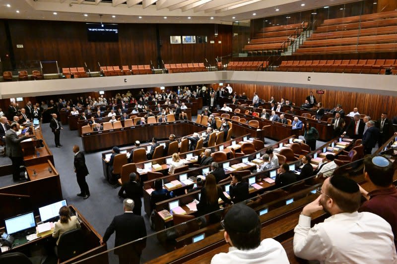 Members of the Israeli parliament, called the Knesset, prepare to vote in Jerusalem on July 24, 2023. On February 14, 1949, the legislature convened for the first time. File Photo by Debbie Hill/ UPI