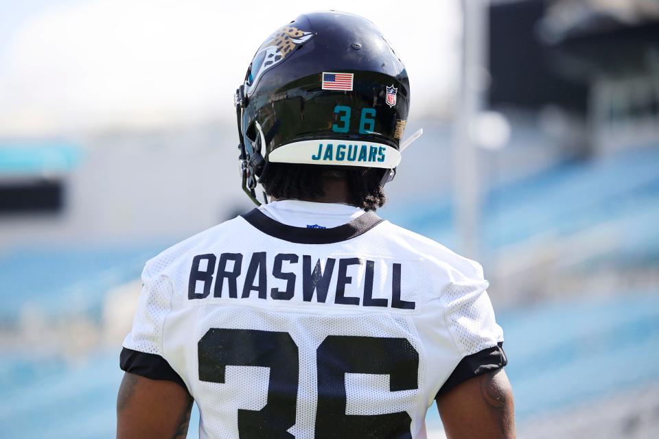 Jacksonville Jaguars cornerback Christian Braswell (36) looks on during the third and final day of a mandatory minicamp Monday, June 12, 2023 at TIAA Bank Field in Jacksonville, Fla. 