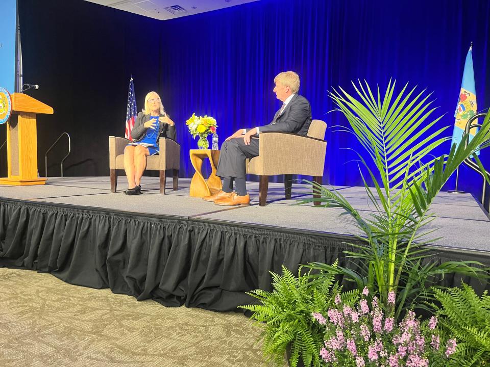 Lt. Gov. Bethany Hall-Long speaks with former U.S. Rep. Patrick Kennedy, D-RI, at Delaware's inaugural mental and behavioral health summit on Monday. Hall-Long convened the summit.