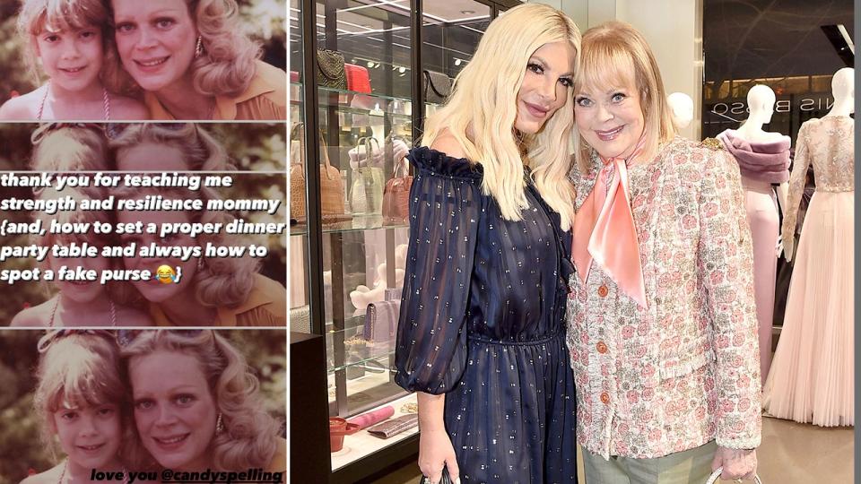 Side by side photos of Tori Spelling Instagram story and a photo of Tori Spelling and Candy Spelling