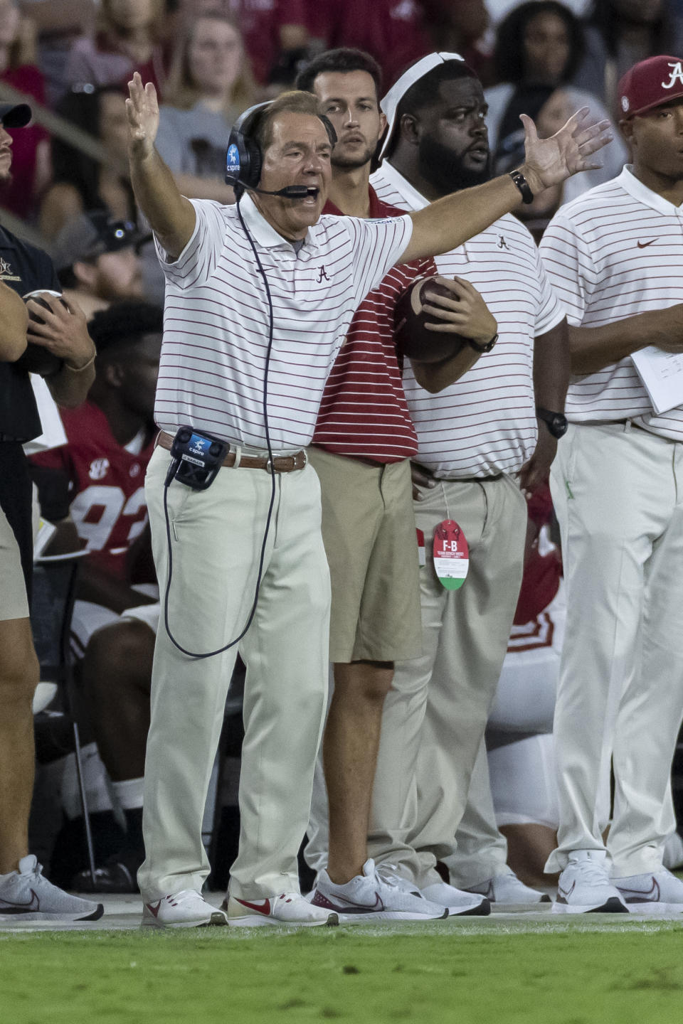 Alabama coach Nick Saban yells at the offense during the first half of the team's NCAA college football game against Vanderbilt, Saturday, Sept. 24, 2022, in Tuscaloosa, Ala. (AP Photo/Vasha Hunt)