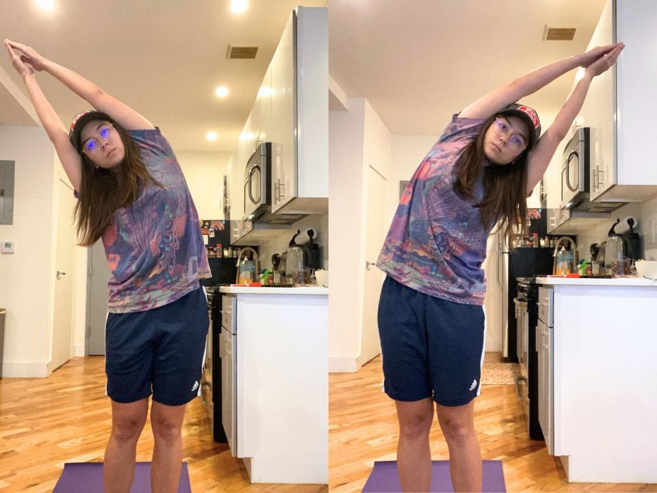 Two photos of the author in a kitchen with white walls and wood floors on doing yoga on a purple mat