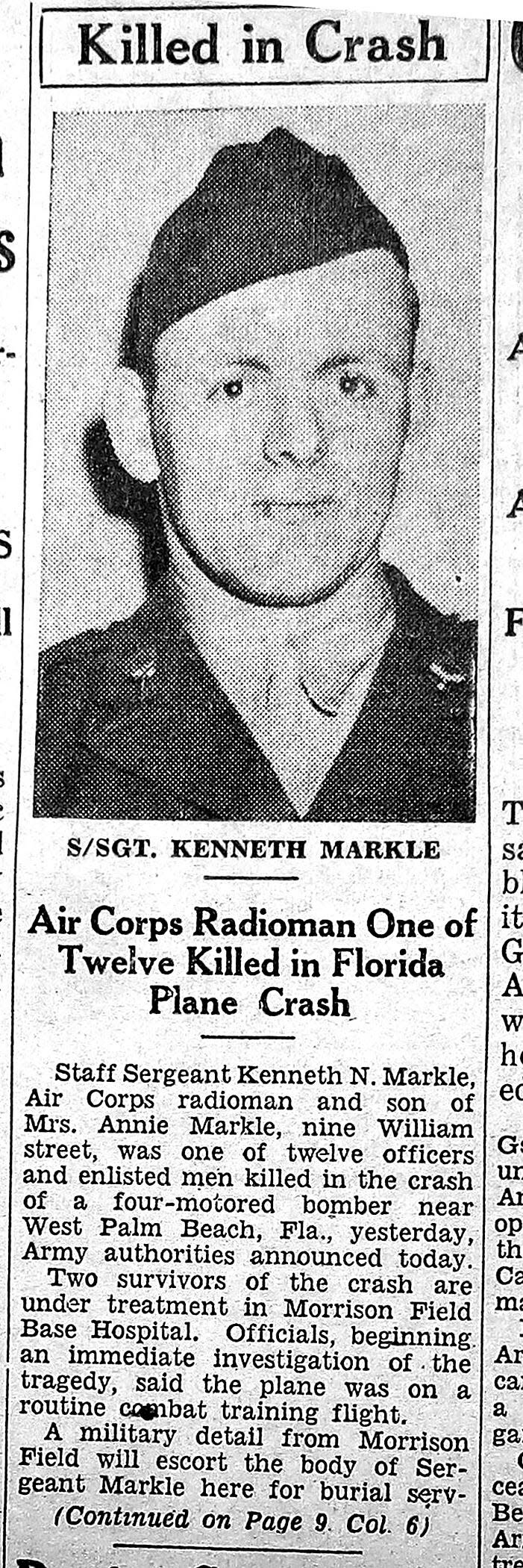 Front page article in the Morristown, N.Y., newspaper, announcing the death of rear machine gunner Kenneth Markle of The Fourteen.