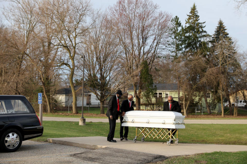 The remains of Patrick Lyoya arrive at Renaissance Church of God in Christ for his funeral service on April 22, 2022 in Grand Rapids, Mich.<span class="copyright">Scott Olson—Getty Image</span>