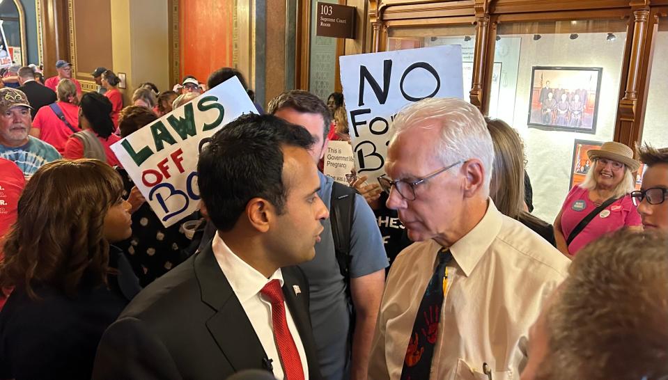 Republican presidential candidate Vivek Ramaswamy extended his Iowa trip to attend Tuesday’s special session on abortion.