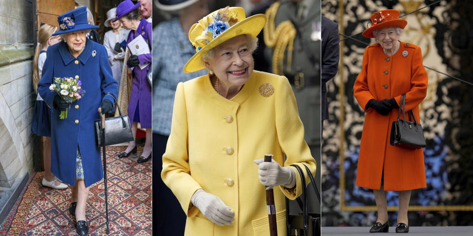 En esta combinación de fotografías la reina Isabel II de Gran Bretaña en la misa de acción de gracias para celebrar el centenario de la Legión Británica Real en la Abadía de Westminster en Londres el 12 de octubre de 2021, izquierda, en la estación Paddington en Londres, para celebrar la conclusión del proyecto Crossrail de Londres el 17 de mayo de 2022, centro, y en los Juegos de la Mancomunidad 2022 en Birmingham en el evento de relevos de la reina fuera del Palacio de Buckingham en Londres el 7 de octubre de 2021. (Foto AP)