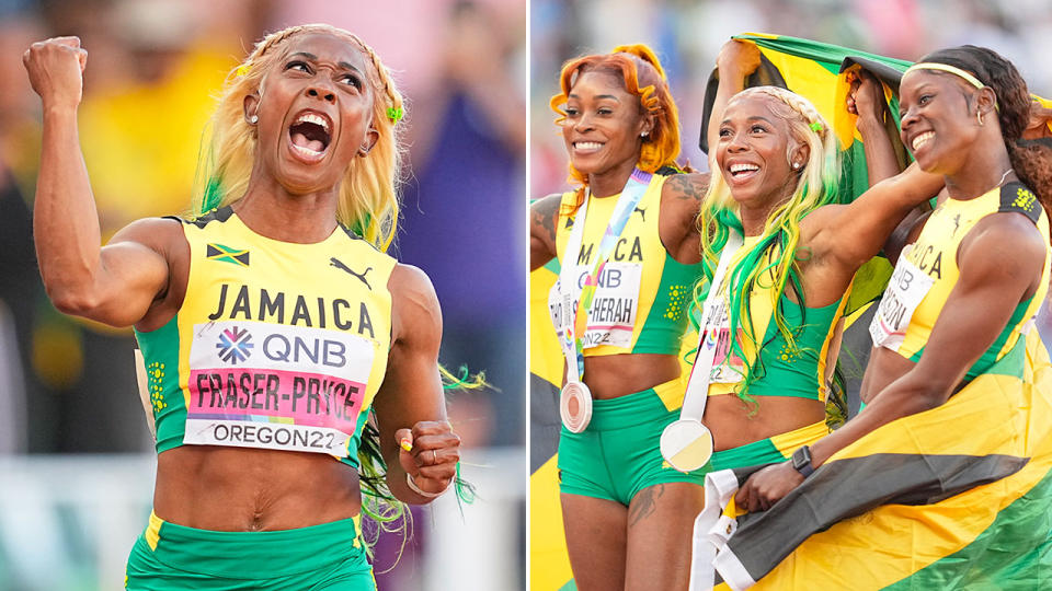 Shelly-Ann Fraser-Pryce (L) led a Jamaican clean sweep in the women's 100m sprint at the 2022 world athletics championships. Pic: Getty