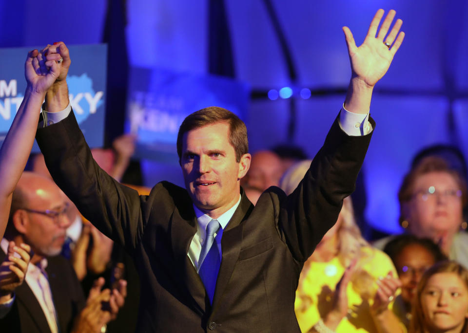 Apparent Kentucky Gov.-elect Andy Beshear celebrates with supporters in Louisville, Kentucky, on Tuesday night. President Donald Trump tried to thwart his victory, to no avail. (Photo: John Sommers II/Getty Images)