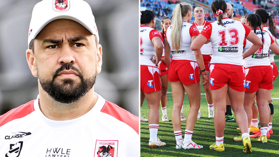 Jamie Soward alongside Dragons NRLW players.