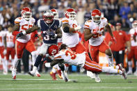 <p>Ron Parker #38 of the Kansas City Chiefs attempts to tackle Mike Gillislee #35 of the New England Patriots during the first half of their game at Gillette Stadium on September 7, 2017 in Foxboro, Massachusetts. (Photo by Maddie Meyer/Getty Images) </p>