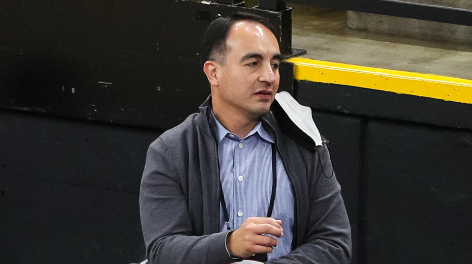 MINNEAPOLIS, MN - APRIL 13: President of Basketball Operations Gersson Rosas of the Minnesota Timberwolves looks on in the second quarter of the game between the Brooklyn Nets and Minnesota Timberwolves at Target Center on April 13, 2021 in Minneapolis, Minnesota. NOTE TO USER: User expressly acknowledges and agrees that, by downloading and or using this Photograph, user is consenting to the terms and conditions of the Getty Images License Agreement. (Photo by David Berding/Getty Images)