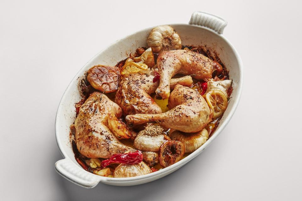 <h1 class="title">Roast Chicken Legs with Lots of Garlic</h1><cite class="credit">Photo by Alex Lau, Food Styling by Susie Theodorou</cite>