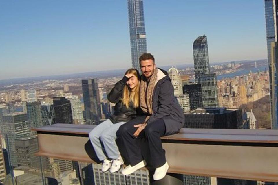 <p>David Beckham/Instagram</p> Harper and David Beckham pose in New York at Rockefeller Center