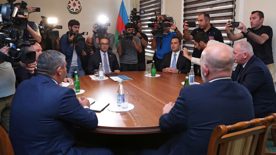 Azerbaijani officials met with ethnic Armenian representatives from Nagorno-Karabakh in Yevlakh, Azerbaijan, September 21, 2023. - Reuters