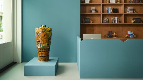 Emblazoned with figures from the sports field he grew up around, <i>The Gilded Ghetto</i> urn combines aspects of floral motifs popular at the turn of the 20th-century and graffiti, Lugo’s first artistic medium.