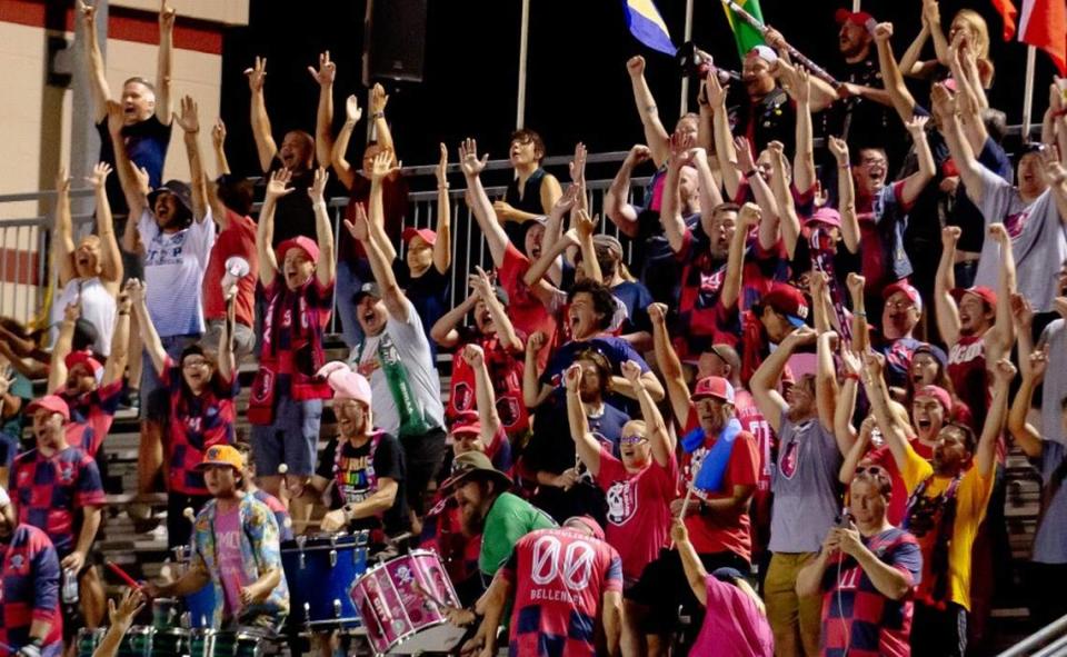 The St. Louis City 2 fan section errupts in cheers after a goal from St. Louis City 2 forward Josh Dolling on Aug. 6 during a matchup against Chicago Fire at Ralph Korte Stadium in Edwardsville.