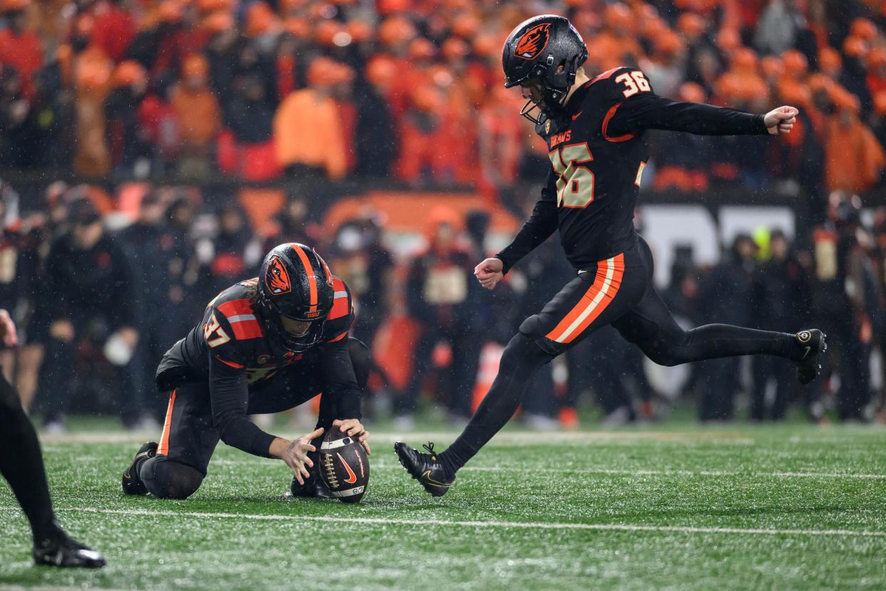 Oregon State's Atticus Sappington (36) kicks an extra point during the second half against Washington at Reser Stadium last November.