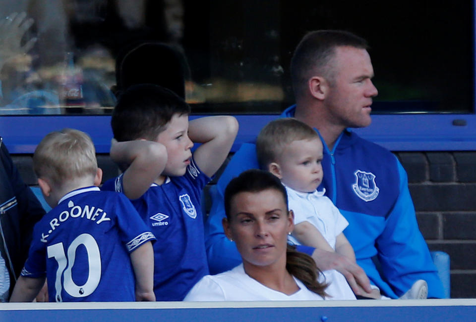 Soccer Football - Premier League - Everton vs Southampton - Goodison Park, Liverpool, Britain - May 5, 2018   Everton's Wayne Rooney with wife Coleen Rooney and their children        REUTERS/Andrew Yates    EDITORIAL USE ONLY. No use with unauthorized audio, video, data, fixture lists, club/league logos or "live" services. Online in-match use limited to 75 images, no video emulation. No use in betting, games or single club/league/player publications.  Please contact your account representative for further details.