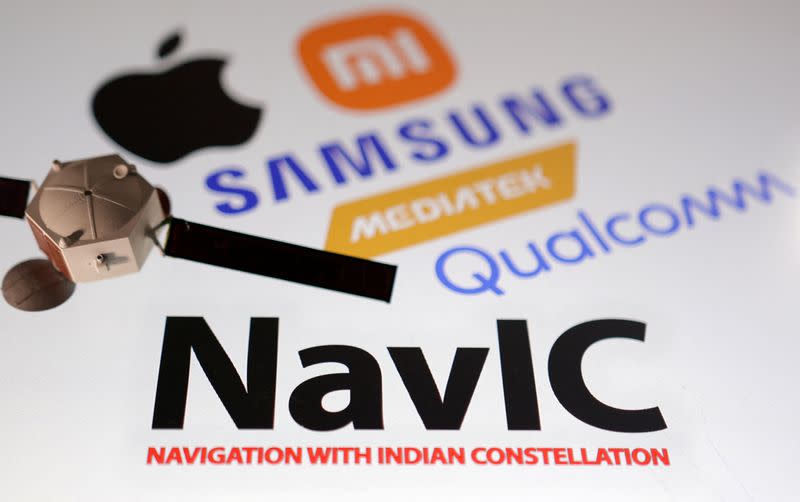 Illustration shows NavIC (Navigation with Indian Constellation), Apple, Xiaomi, Samsung, Mediatek and Qualcomm logos