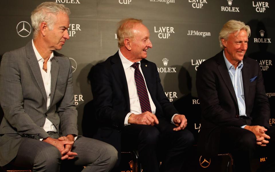 John McEnroe (left to right), Rod Laver and Bjorn Borg talk to the media ahead of the inaugural edition of the Laver Cup - Getty Images Europe