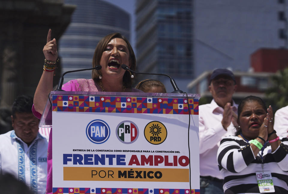 FILE - Senator Xóchitl Gálvez, opposition candidate for the presidential elections, speaks during a political event at the Angel of Independence monument, in Mexico City, Sunday, Sept. 3, 2023. Mexico looks set to elect its first female president on June 2 -- either Claudia Sheinbaum, a protégé of President Andrés Manuel López Obrador, or tech entrepreneur and lawmaker Xóchitl Gálvez. (AP Photo/Marco Ugarte, File)