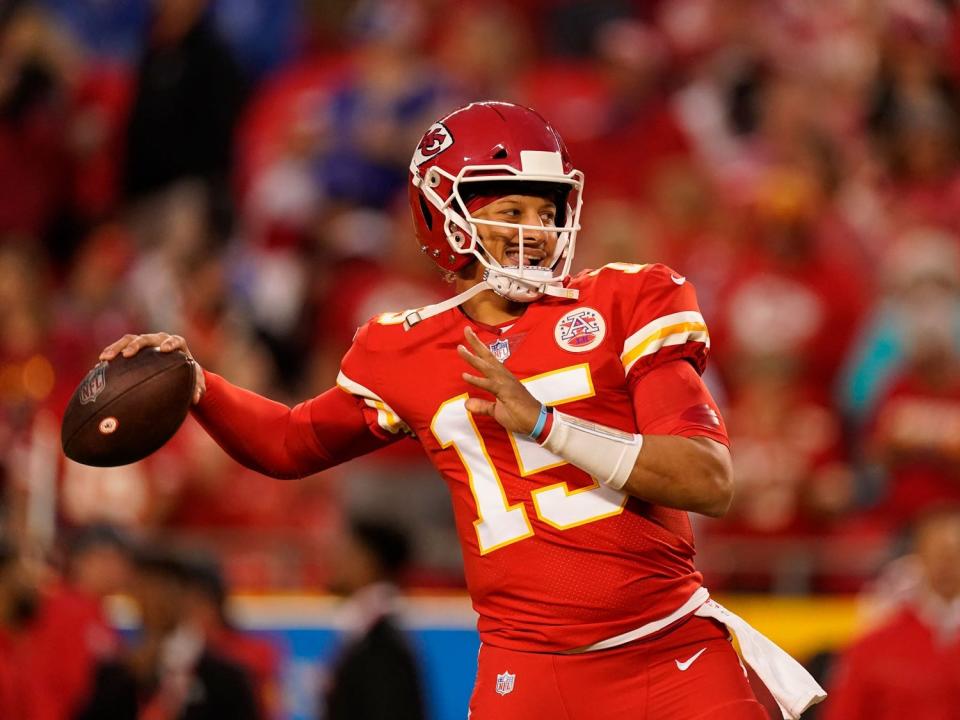 Patrick Mahomes makes a throw against the Buffalo Bills.