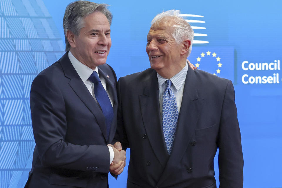 European Union foreign policy chief Josep Borrell, right, greets United States Secretary of State Antony Blinken prior to the EU-US Energy Council Ministerial meeting at the European Council building in Brussels, Tuesday, April 4, 2023. (Olivier Matthys, Pool Photo via AP)