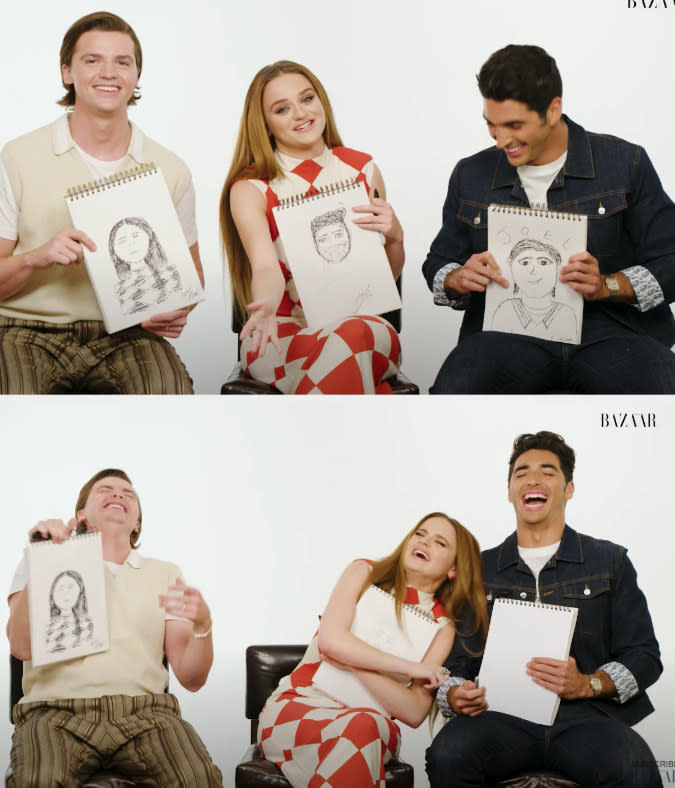 Joel, Joey, and Taylor holding their drawings, and everyone laughing at Joel's drawing of Joey