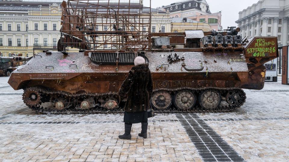 A woman looks at destroyed Russian military vehicles on display in the Ukrainian capital Kyiv on Jan. 29, 2023. (Spencer Platt/Getty Images)