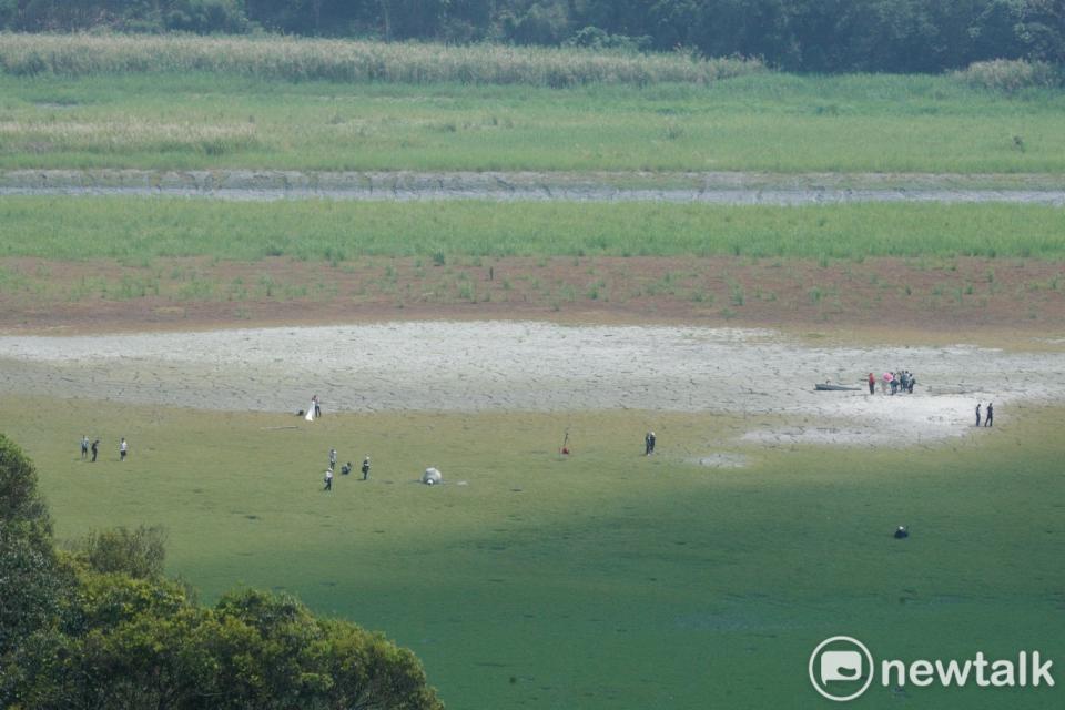 日月潭大竹湖進水口一帶湖底龜裂長出青草，被網友稱作是日月潭大草原，也引來許多民眾走進湖底一睹乾旱奇觀。   圖：張良一/攝