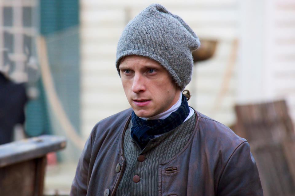 This image released by AMC shows Jamie Bell as Abe Woodhull in a scene from "Turn," premiering Sunday at 9 p.m. EST. (AP Photo/AMC, Antony Platt)