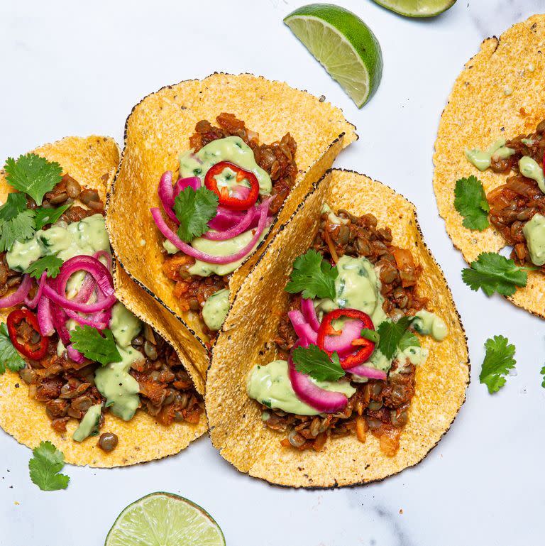 <p>These vegan tacos are loaded with bright flavours and a variety of textures—just like any good taco should be! Serve them up with some <a href="https://www.delish.com/uk/cocktails-drinks/a33441209/frozen-blue-moscato-margaritas-recipe/" rel="nofollow noopener" target="_blank" data-ylk="slk:frozen margaritas;elm:context_link;itc:0;sec:content-canvas" class="link ">frozen margaritas</a> and <a href="https://www.delish.com/uk/cooking/recipes/a29947768/best-ever-guacamole-recipe/" rel="nofollow noopener" target="_blank" data-ylk="slk:homemade guacamole;elm:context_link;itc:0;sec:content-canvas" class="link ">homemade guacamole</a> for the full Taco Tuesday experience. </p><p>Get the <a href="https://www.delish.com/uk/cooking/recipes/a33542524/vegan-tacos-recipe/" rel="nofollow noopener" target="_blank" data-ylk="slk:Vegan Chipotle Lentil Tacos;elm:context_link;itc:0;sec:content-canvas" class="link ">Vegan Chipotle Lentil Tacos</a> recipe.</p>