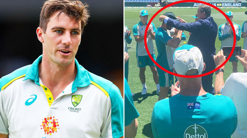 Michael Neser, pictured here receiving his baggy green from Glenn McGrath after replacing Pat Cummins. 