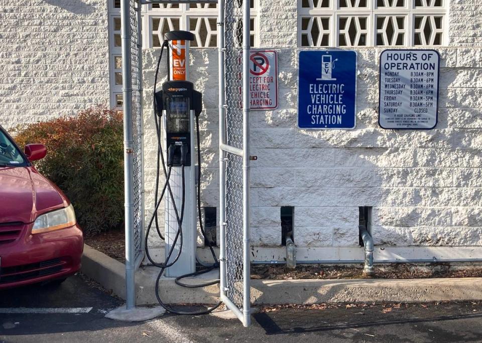 Electric vehicle charging station at the Modesto Library n Modesto, Calif., Wednesday, Jan. 17, 2024.