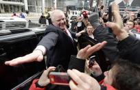 Toronto Mayor Rob Ford celebrates Team Canada's gold medal win over Sweden in the men's ice hockey gold medal game at the Sochi 2014 Winter Olympic Games, in Toronto, February 23, 2014. REUTERS/Aaron Harris (CANADA - Tags: POLITICS)