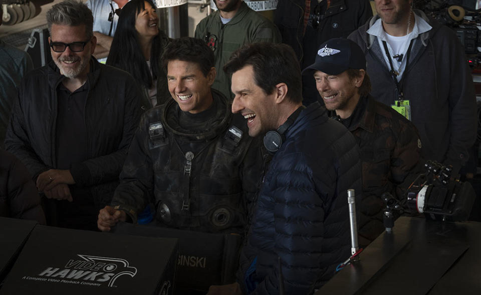 Christopher McQuarrie, Tom Cruise, Joseph Kosinski and Jerry Bruckheimer on the set of ‘Top Gun: Maverick.’ - Credit: Paramount Pictures, Skydance and Jerry Bruckheimer Films