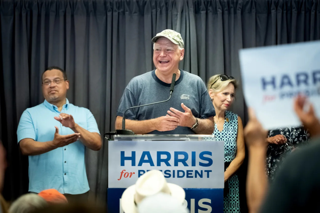 Gov. Tim Walz of Minnesota at a Harris for President canvassing kickoff event in St. Paul on Saturday, July 27, 2024. (Caroline Yang/The New York Times)